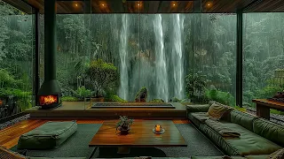 Smooth Jazz Music By Fireplace In Cozy Living Room - Warm Jazz Music & Waterfall Sound On Rainy Day