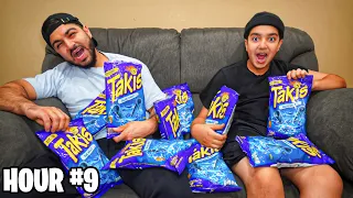 Last To Stop Eating BLUE TAKIS Wins V-Bucks (FORTNITE CHALLENGE VS LITTLE BROTHER)