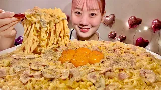 ASMR Carbonara-style Buldak Fire Noodles【Mukbang/ Eating Sounds】【English subtitles】