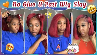 😏Glueless U Part Wig w/ Side Part Fake Sew In | Red Hair Dye & Blunt Cut Bob Ft.#ulahair