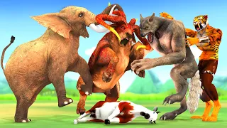 Giant Tiger Wolf Attacks Cow Cartoon Saved By Giant Bull, Elephant Woolly Mammoth Saber-toothed Cats