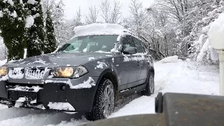 BMW X3 E83 3.0d Struggles on a 20% Slope in Snow and Slides Into the Camera