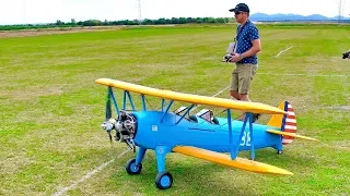 AMAZING BIG RC BOEING STEARMAN SCALE MODEL BIPLANE FLIGHT DEMONSTRATION