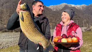 Cooking CARP on a Campfire in the Mountains | Relaxing Village Life Video