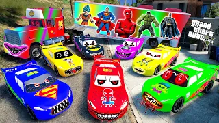 GTA 5 - Stealing HORROR MCQUEEN Superhero CARS  with Franklin! (Real Life Cars #256)