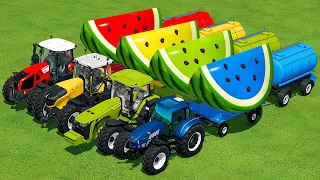 JOHN DEERE vs CLAAS vs FENDT vs LAMBORGHINI TRANSPORTIN WATERMELONS BATTLE - Farming Simulator 22