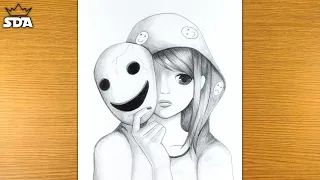 How to draw a sad girl behind a happy mask easy step by step | Easy pencil drawing