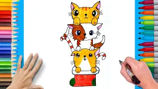 HOW TO DRAW A CHRISTMAS KITTEN STACK (Folding Surprise)🐈| LEARN STEP BY STEP | DRAWING AND PAINTING