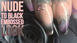 Nude to Black Embossed Ombre Design with Glitter Tip - Nail Art Tutorial