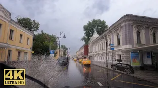 Driving in the rain through the streets of Moscow