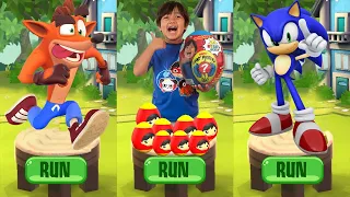 Tag with Ryan vs Sonic Dash vs Crash Bandicoot: On the Run - All Costumes All Characters Unlocked