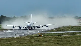 BOEING 747 DEPARTURE on a WET RUNWAY - 3 B747 LANDINGS + DEPARTURES (4K)