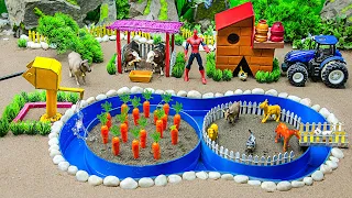 DIY Farm Diorama with cow shed vs Pool 8 AQUARIUM, How to grow and harvest Carrot | mini hand pump