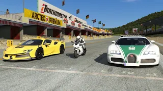 Ducati 1299 Panigale S vs Bugatti Veyron Dubai Police vs Ferrari SF90 XX Stradale at Old SPA