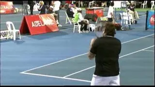 Henri Leconte dances on-court v Pat Rafter: World Tennis Challenge Adelaide 2012