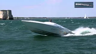 Spectacular Flying BAJA Outlaw Powerboat off Old Harry Rocks