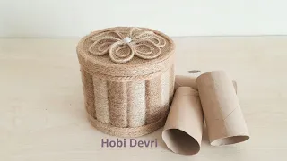 DIY Storage Box with Paper Roll and Jute,Jewellery Box İdeas, Paper Roll Recycle, Paper Roll İdeas