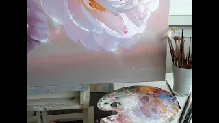 Glowing peonies. Oil painting on canvas. 130 x 130 cm.