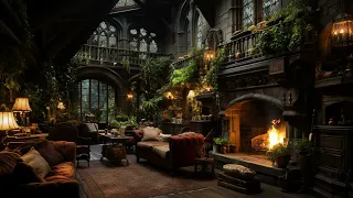 Castle Room with Crackling Fireplace - Rain for Sleep, Stress Relief, Relaxing Music to Happy Moods