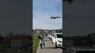 A Patrouille Suisse airplane lands at Emmen Air Base in Switzerland.