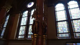 gorgeous stained glass windows and chandeliers inside Hungary Parliament (October 18th, 2018)