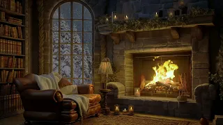 Crackling Fireplace Ambience Sounds 🔥 Cozy Cabin Ambience | Soft Jazz Music, Blizzard for Sleep 🔥