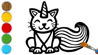 Cat Unicorn Drawing, Painting and Coloring for Kids, Toddlers | Let's Draw, Paint Together