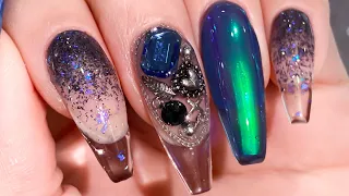 sub) self nail 이렇게 투명한 얼음네일 처음일걸💙 셀프네일/우루우루/젤연장/글리터/네일아트/화려한/필름/오로라/겨울/미러/투명/젤네일/디자인/유리알