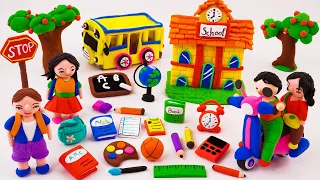 DIY How to make polymer clay miniature School, student, bus, moto bike, tree | Mixing Clay