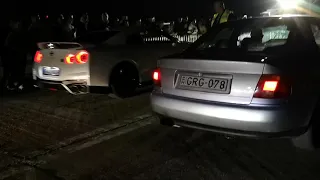 Audi A4 b5 1.8t Quattro 400hp VS Nissan GT R stock 570hp drag race 402m 1/4mile