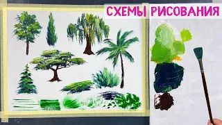 Как нарисовать деревья веерной кистью. How to paint trees with fan brush. Step by step