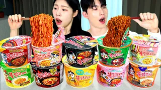 Spicy Fire Noodles party🔥(Original, Black beans, Cheese, Carbonara, Rosé,  Jalapeno) ASMR MUKBANG