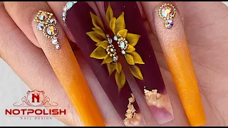 SUNFLOWERS NAIL ART I FALL NAIL DESIGNS I OMBRE NAILS I LONG COFFIN NAIL I HOW TO DO 3D FLOWERS