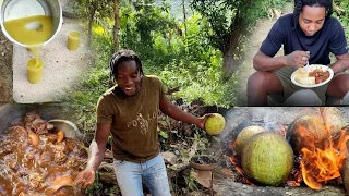 Brown stew pork & Roast Breadfruit with June plum juice - outdoor cooking