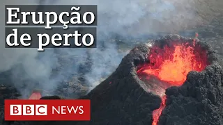 Drone captura imagens incríveis de vulcão em erupção na Islândia