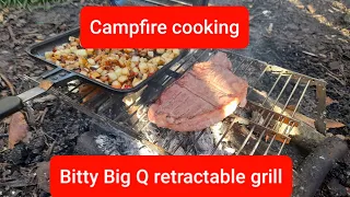 Bitty Big Q retractable grill, titanium mug and cutlery. Campfire bushcraft cooking. Sirloin steak.