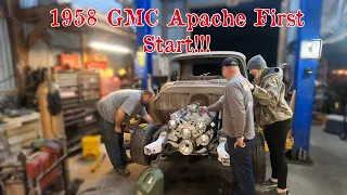 1958 GMC Apache: Installing the Engine in the Camaro Subframe and First Start!!