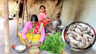 santali tribe women cooking small fish curry&delicious palak curry recipe||rural village India