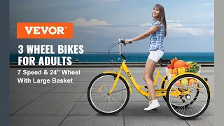VEVOR 7-Speed 3 Wheel Adult Tricycle 20'' Yellow Trike Bicycle Bike with Large Basket for Riding