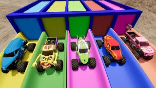 Monster Trucks vs Slide Colors with Portal Trap - Mobil vs Train and Rails - BeamNG.Drive #32