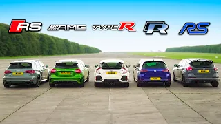 RS 3 v A45 AMG v Civic Type R v Golf R v Focus RS - DRAG & ROLLING RACE | Head-to-Head