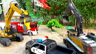 Fire Truck & Helicopter Rescue Excavator Truck with Police Car Toy Play