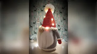 Crocheted Christmas Gnome with Lights.