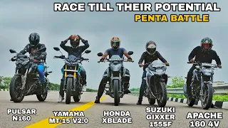 Pulsar N160 Vs MT-15 V2.0 Vs Honda Xblade Vs Gixxer 155SF Vs Apache 160 4V | Long Race