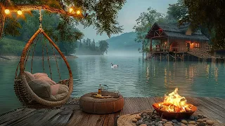 Cozy Lake House Porch in Summer Ambience with Relaxing Lake Waves Campfire and insect Sounds