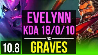 EVELYNN vs GRAVES (JUNGLE) | KDA 18/0/10, Rank 8 Evelynn, Legendary | NA Challenger | v10.8