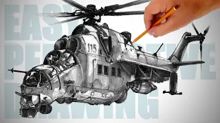 How to draw military helicopter ( Mi-24 ) - Easy Perspective Drawing 39