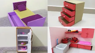 DIY Miniatures/Barbie dollhouse things/How to make Barbie dollhouse furniture/Bed,Fridge,Kitchen etc