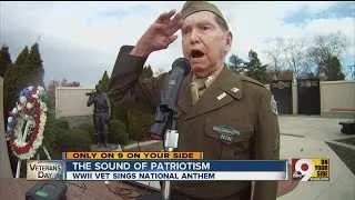 WWII vet belts out National Anthem