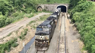 Big Coal Train & Amtrak At Horseshoe Curve & Trains Appear Out Of Tunnel, Pennsylvania Trains On NS!